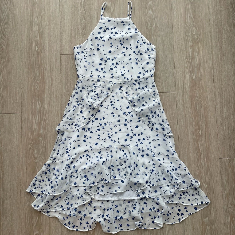 Banana Republic Chiffon Ruffle Sleeveless Floral Dress White Blue Size Small